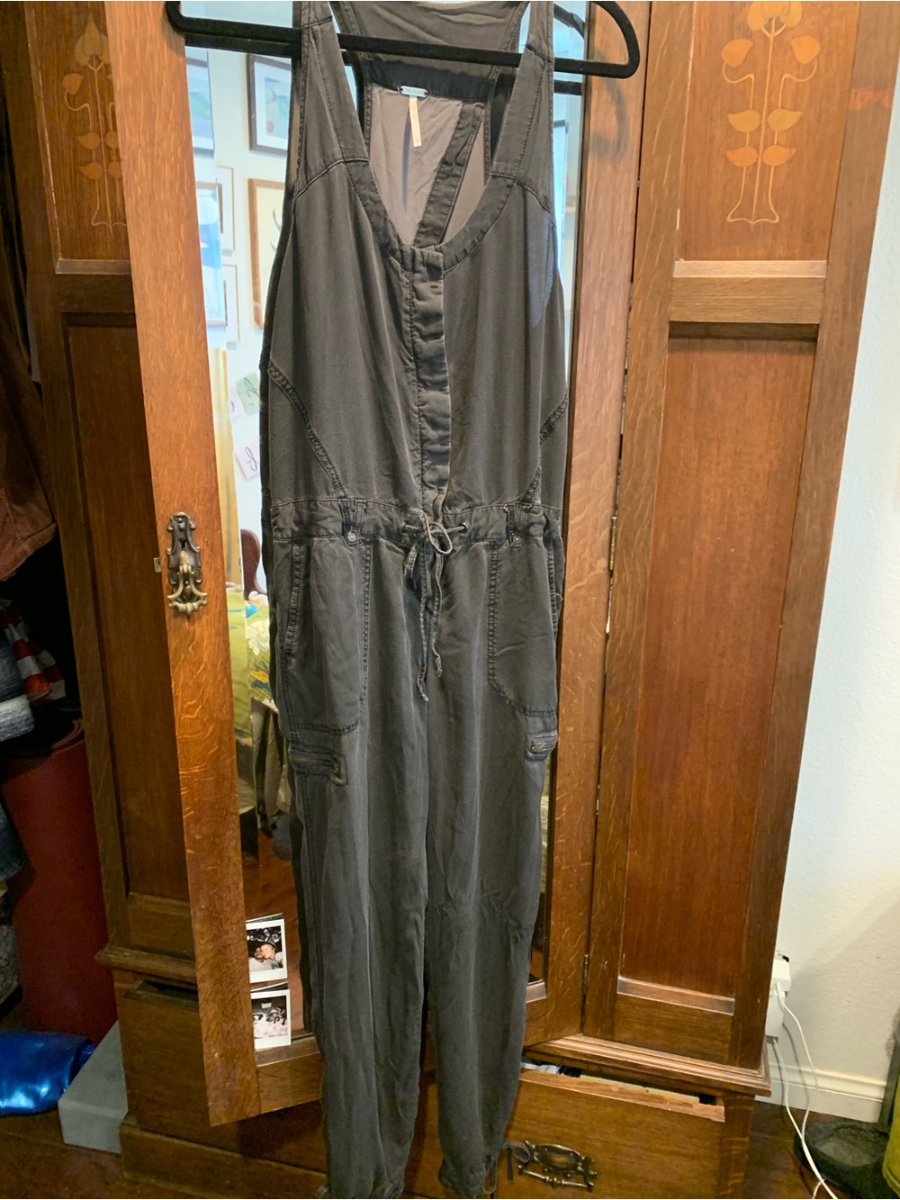Free People Charcoal Utility Tie-Waist Jumpsuit